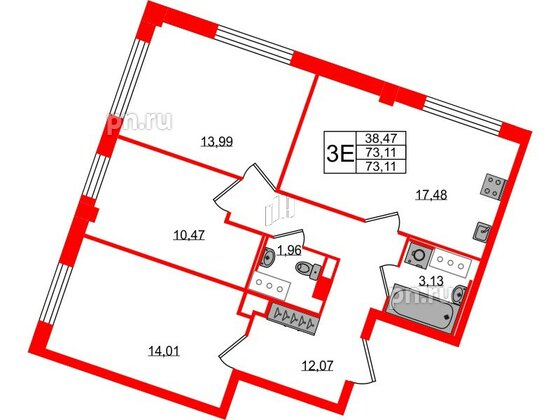 Квартира в ЖК Neva Residence, 3 комнатная, 74.8 м², 4 этаж