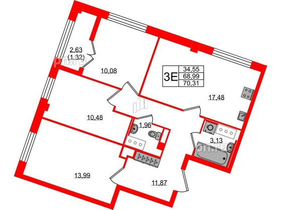 Квартира в ЖК Neva Residence, 3 комнатная, 70.31 м², 6 этаж