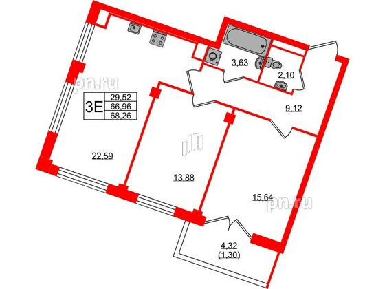 Квартира в ЖК Neva Residence, 2 комнатная, 68.26 м², 7 этаж