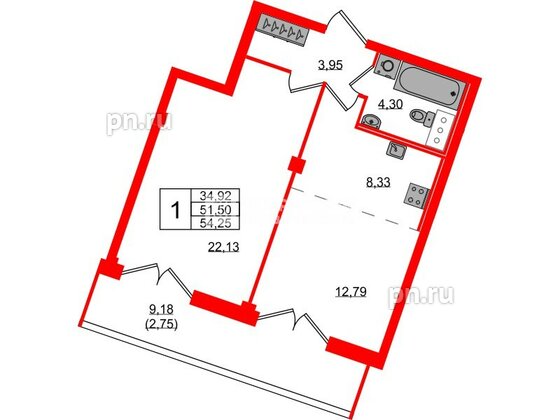 Квартира в ЖК Neva Residence, 1 комнатная, 54.9 м², 8 этаж