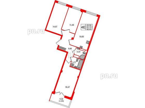 Квартира в ЖК Neva Residence, 3 комнатная, 82.8 м², 7 этаж