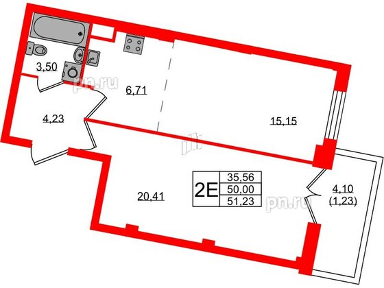 Квартира в ЖК Neva Residence, 1 комнатная, 51.23 м², 6 этаж