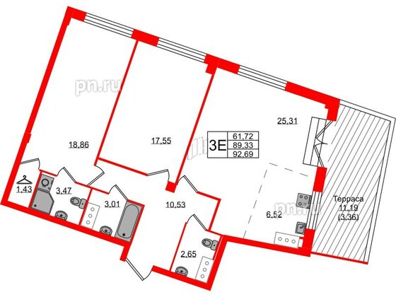 Квартира в ЖК Neva Residence, 2 комнатная, 92.69 м², 8 этаж