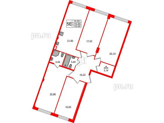 Квартира в ЖК Neva Residence, 4 комнатная, 116.56 м², 2 этаж