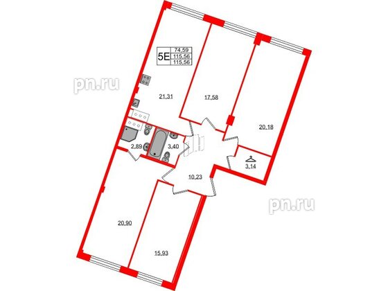 Квартира в ЖК Neva Residence, 4 комнатная, 115.56 м², 4 этаж