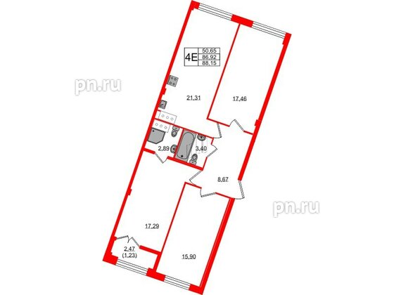 Квартира в ЖК Neva Residence, 3 комнатная, 88.15 м², 7 этаж