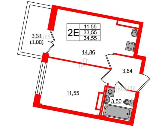 Квартира в ЖК Neva Residence, 1 комнатная, 34.55 м², 7 этаж