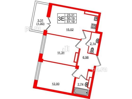 Квартира в ЖК Neva Residence, 2 комнатная, 51.19 м², 8 этаж