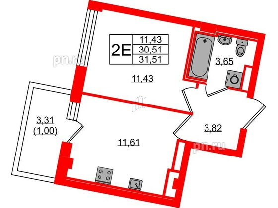 Квартира в ЖК Neva Residence, 1 комнатная, 31.51 м², 7 этаж