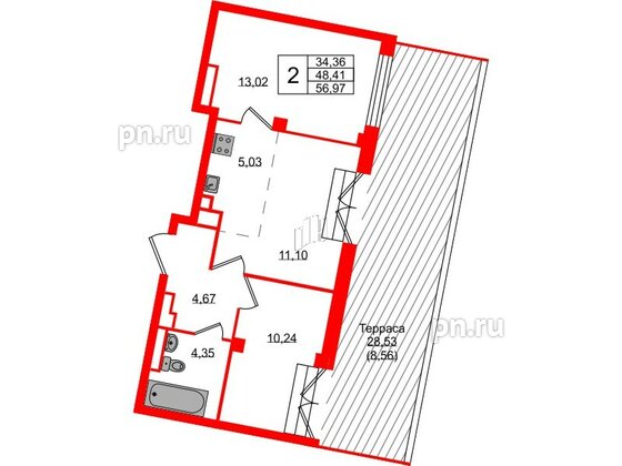 Квартира в ЖК Neva Residence, 2 комнатная, 56.97 м², 7 этаж