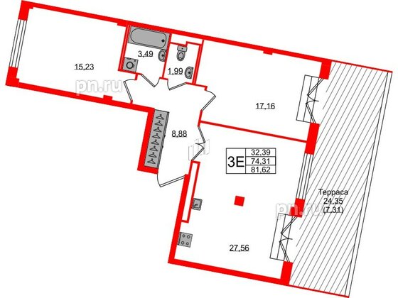 Квартира в ЖК Neva Residence, 2 комнатная, 81.3 м², 7 этаж