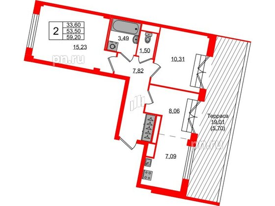 Квартира в ЖК Neva Residence, 2 комнатная, 59.2 м², 8 этаж