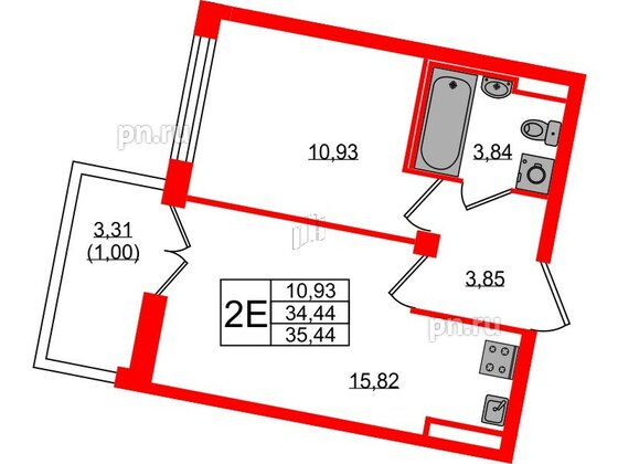 Квартира в ЖК Neva Residence, 1 комнатная, 35.44 м², 7 этаж