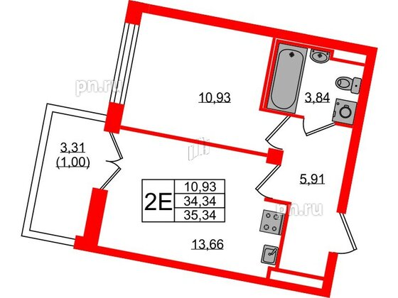 Квартира в ЖК Neva Residence, 1 комнатная, 35.34 м², 8 этаж