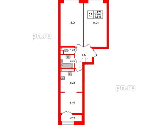 Квартира в ЖК Neva Residence, 2 комнатная, 64.29 м², 8 этаж