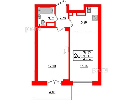 Квартира в ЖК Neva Residence, 1 комнатная, 46.4 м², 5 этаж