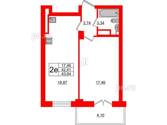 Квартира в ЖК Neva Residence, 1 комнатная, 44.2 м², 7 этаж