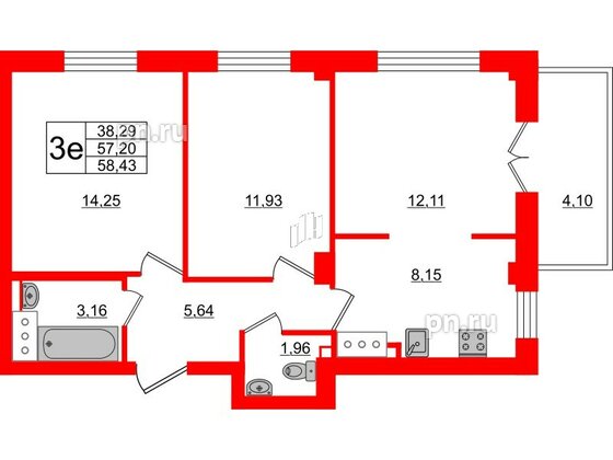 Квартира в ЖК Neva Residence, 2 комнатная, 58.43 м², 7 этаж