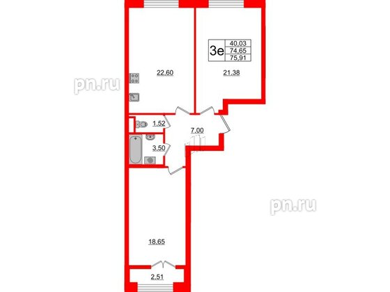 Квартира в ЖК Neva Residence, 2 комнатная, 75.91 м², 5 этаж