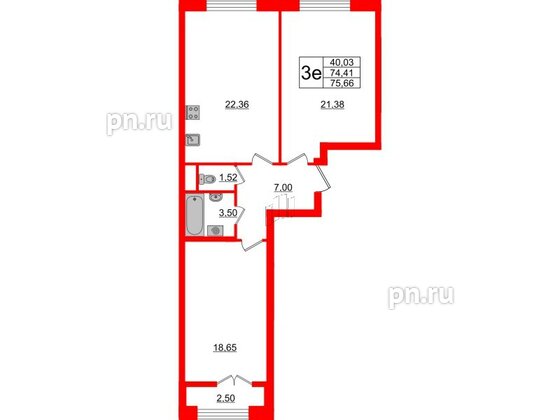 Квартира в ЖК Neva Residence, 2 комнатная, 75.66 м², 8 этаж