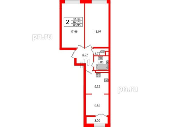 Квартира в ЖК Neva Residence, 2 комнатная, 63.95 м², 7 этаж