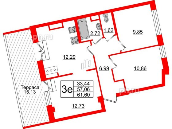 Квартира в ЖК Neva Residence, 2 комнатная, 61.6 м², 8 этаж