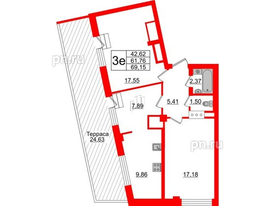 Квартира в ЖК Neva Residence, 2 комнатная, 69.15 м², 8 этаж