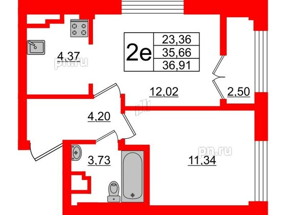 Квартира в ЖК Neva Residence, 1 комнатная, 37.2 м², 6 этаж