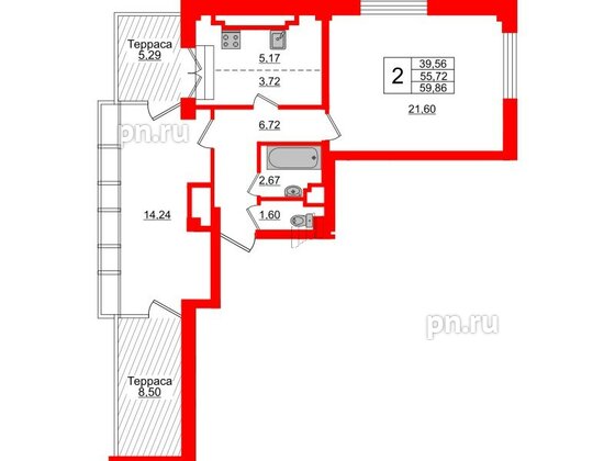 Квартира в ЖК Neva Residence, 2 комнатная, 59.86 м², 8 этаж