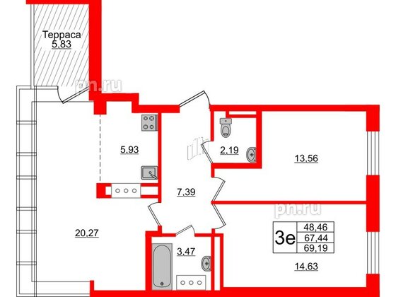 Квартира в ЖК Neva Residence, 2 комнатная, 69.19 м², 8 этаж