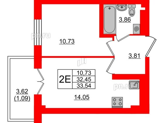 Квартира в ЖК Neva Residence, 1 комнатная, 33.5 м², 7 этаж