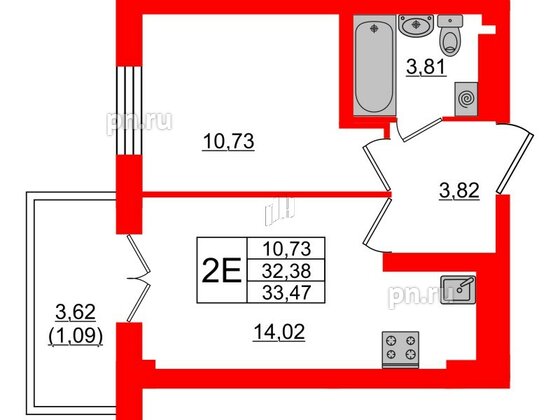 Квартира в ЖК Neva Residence, 1 комнатная, 33.47 м², 8 этаж