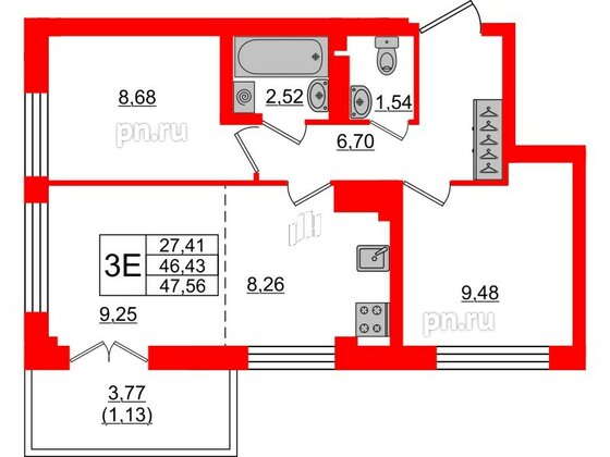 Квартира в ЖК Neva Residence, 2 комнатная, 47.56 м², 8 этаж