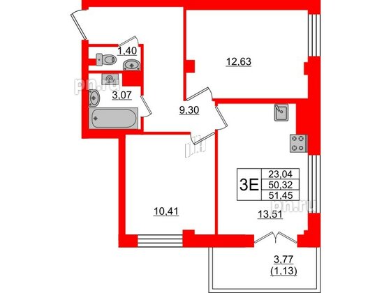 Квартира в ЖК Neva Residence, 2 комнатная, 51.45 м², 7 этаж