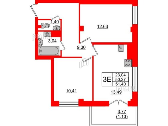 Квартира в ЖК Neva Residence, 2 комнатная, 51.4 м², 8 этаж