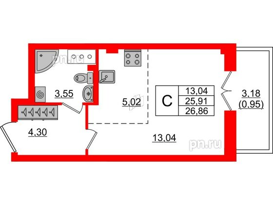 Квартира в ЖК Neva Residence, студия, 27.4 м², 7 этаж