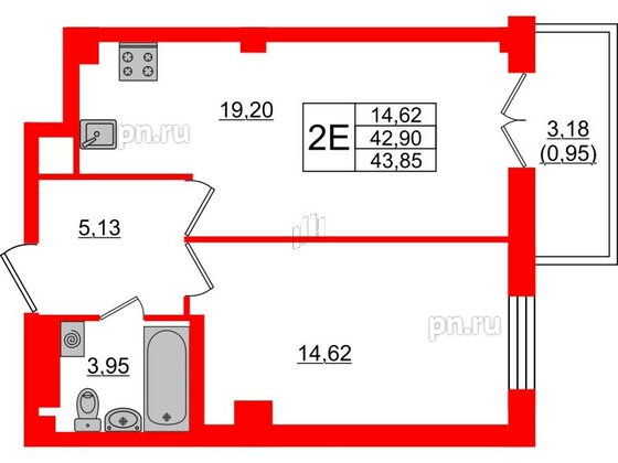 Квартира в ЖК Neva Residence, 1 комнатная, 43.85 м², 6 этаж