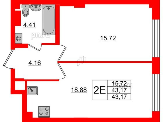 Квартира в ЖК Neva Residence, 1 комнатная, 43.17 м², 4 этаж