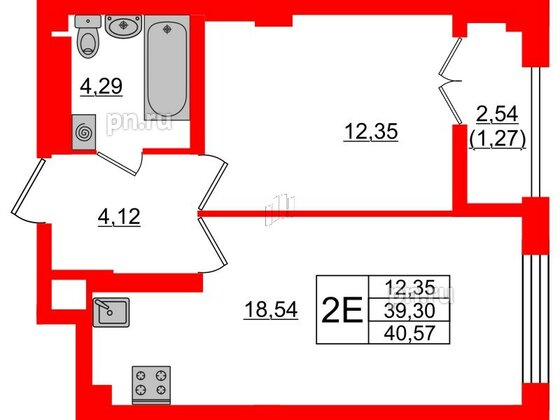 Квартира в ЖК Neva Residence, 1 комнатная, 40.57 м², 7 этаж