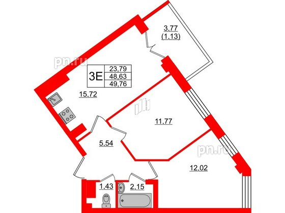 Квартира в ЖК Neva Residence, 2 комнатная, 49.7 м², 7 этаж