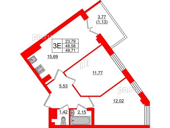 Квартира в ЖК Neva Residence, 2 комнатная, 49.9 м², 8 этаж