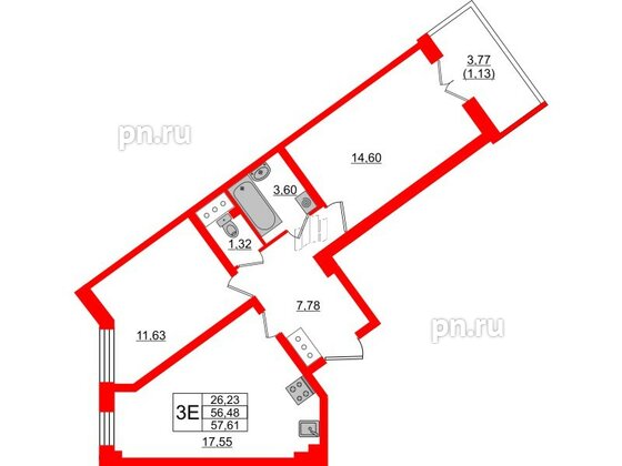 Квартира в ЖК Neva Residence, 2 комнатная, 57.61 м², 7 этаж