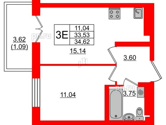 Квартира в ЖК Neva Residence, 1 комнатная, 34.62 м², 7 этаж