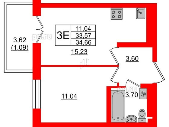 Квартира в ЖК Neva Residence, 1 комнатная, 34.66 м², 8 этаж