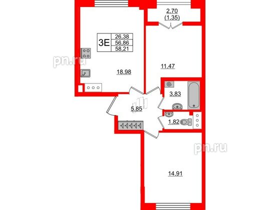 Квартира в ЖК Neva Residence, 2 комнатная, 58.1 м², 7 этаж