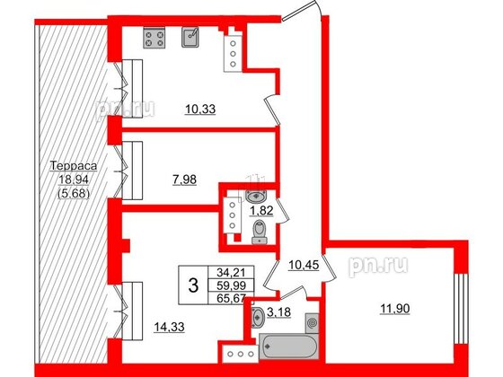 Квартира в ЖК Neva Residence, 3 комнатная, 65.9 м², 8 этаж