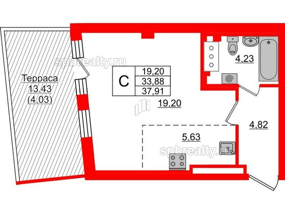 Квартира в ЖК Neva Residence, студия, 37.91 м², 7 этаж