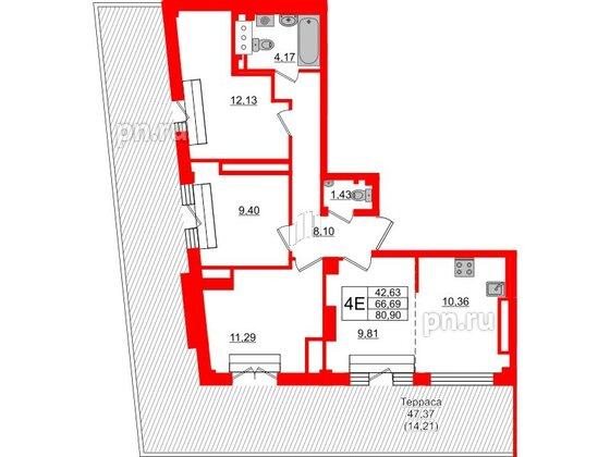 Квартира в ЖК Neva Residence, 3 комнатная, 80.9 м², 8 этаж