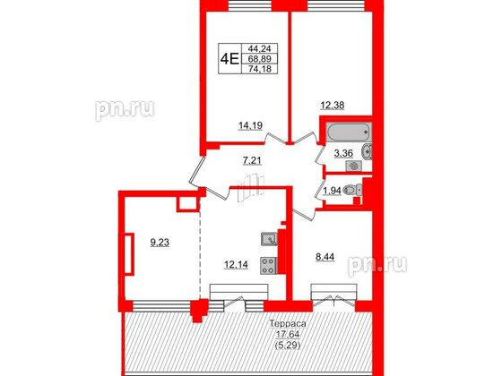 Квартира в ЖК Neva Residence, 3 комнатная, 74.9 м², 8 этаж