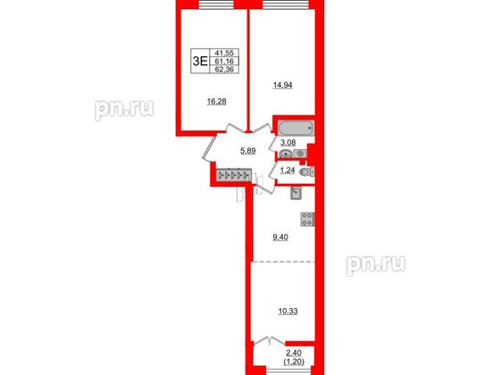 Квартира в ЖК Neva Residence, 2 комнатная, 62.3 м², 5 этаж